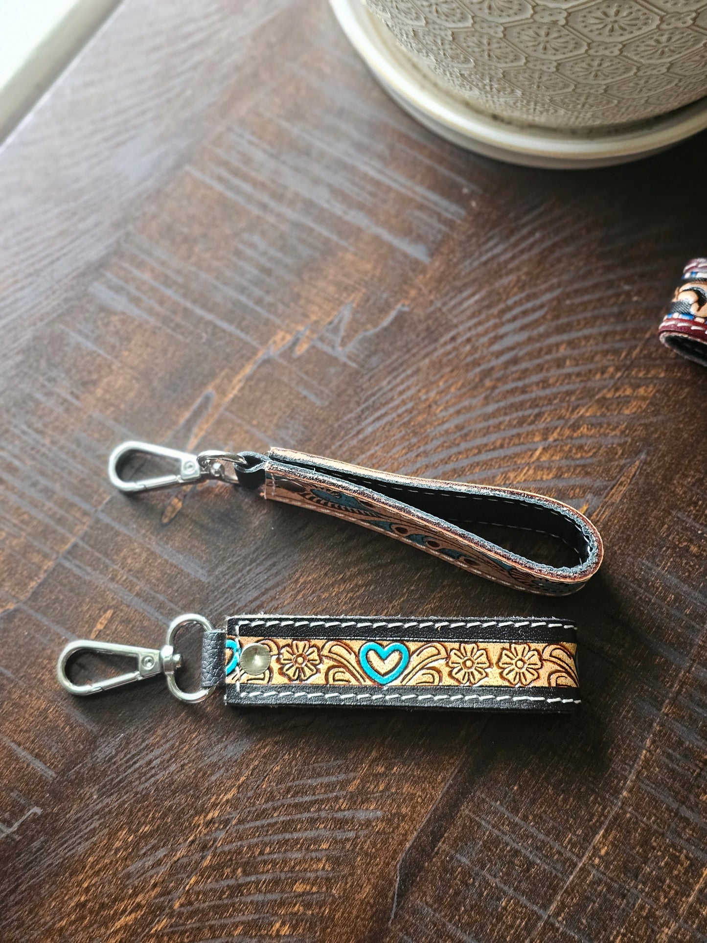 tooled leather keychain fob