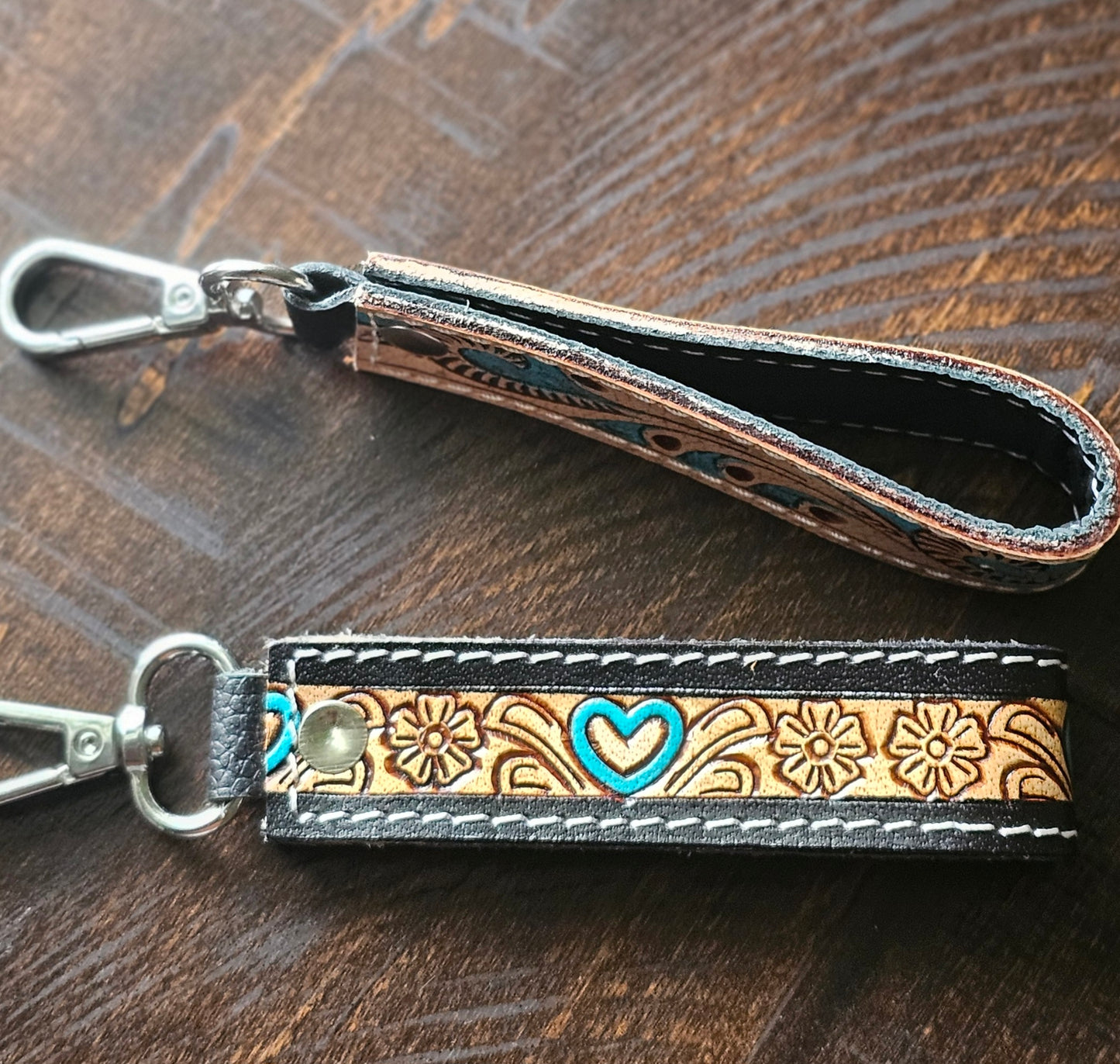 tooled leather keychain fob